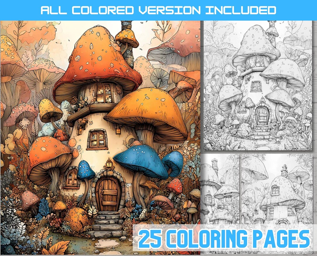 Fantasy Mushroom House Coloring Page, Fairy Tale Cottage, Enchanted ...
