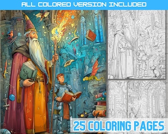 Op de afbeelding: Een fantasy kleurboek met een tovenaar, een jonge ridder en een draak. De afbeelding bevat de tekst "ALL COLORED VERSION INCLUDED" en "25 COLORING PAGES". De illustraties zijn in kleur en zwart-wit.