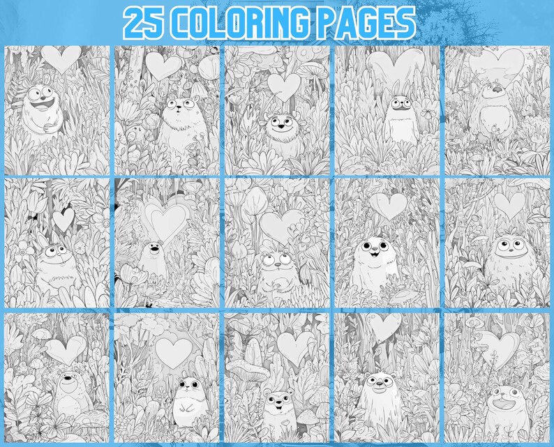 Valentine Animal Coloring Pages, Cartoon Hearts, Kids & Adults (PDF) - Etsy