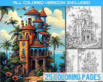 Tropical Island House Coloring Book: 25 Whimsical Printable Pages (PDF)