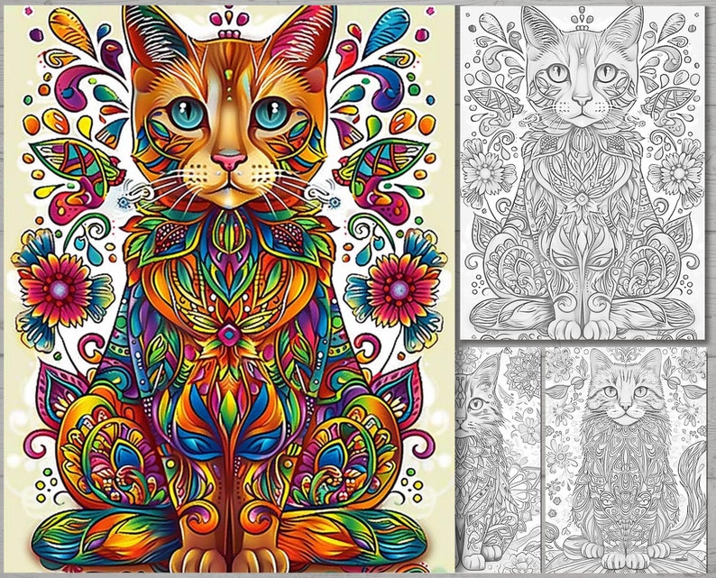 Op de afbeelding: Een kleurrijke, ingewikkelde illustratie van een kat met een psychedelisch paisley-patroon. De kat zit met gekruiste poten en heeft een serene uitdrukking. De achtergrond is lichtbeige met bloemmotieven.