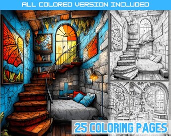 Treehouse Interior Coloring Pages: Cottagecore Rustic Decor (PDF Download)
