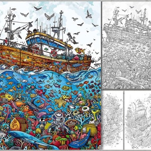 May include: A detailed illustration of a fishing boat with a variety of sea life surrounding it. The boat is brown and white with a blue and white striped sail. The sea life includes fish, crabs, seaweed, and a whale. The illustration is in a cartoon style and is full of color.
