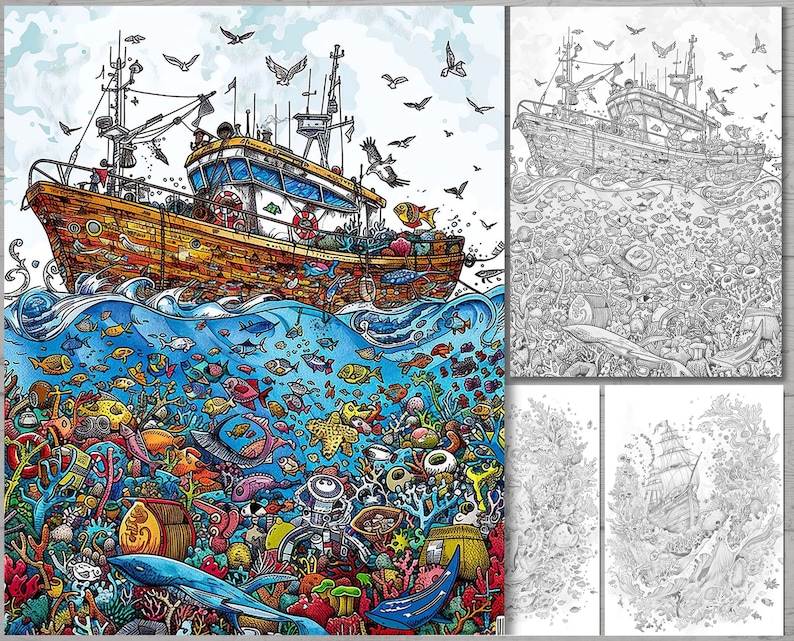 May include: A detailed illustration of a fishing boat with a variety of sea life surrounding it. The boat is brown and white with a blue and white striped sail. The sea life includes fish, crabs, seaweed, and a whale. The illustration is in a cartoon style and is full of color.