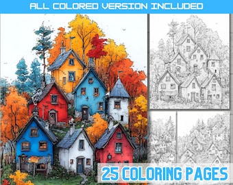 Puede incluir: Ilustración en acuarela de casas coloridas entre árboles otoñales. La imagen incluye una versión en color y una versión en blanco y negro. El texto dice "ALL COLORED VERSION INCLUDED" y "25 COLORING PAGES".
