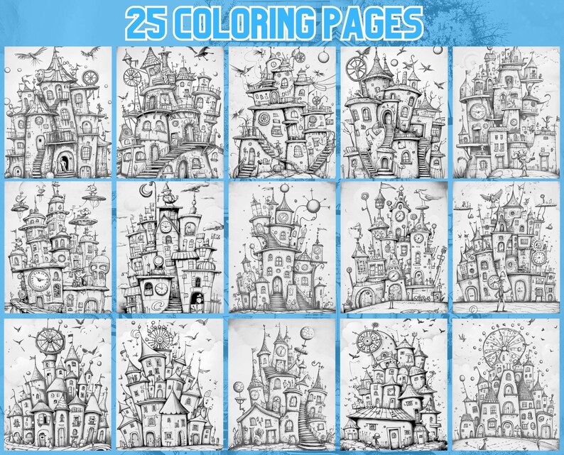 Steampunk City Coloring Pages: Clockwork Architecture (digital Download ...