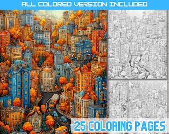 City Street Coloring Pages: Old Town Buildings, Urban Scenes (PDF Download