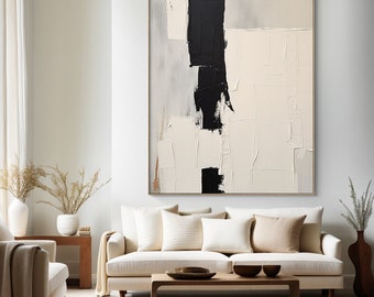 Large Black And White Abstract Oil Painting On Canvas, Original Textured Minimalist Wall Art, Modern Living Room Wall Decoration Painting