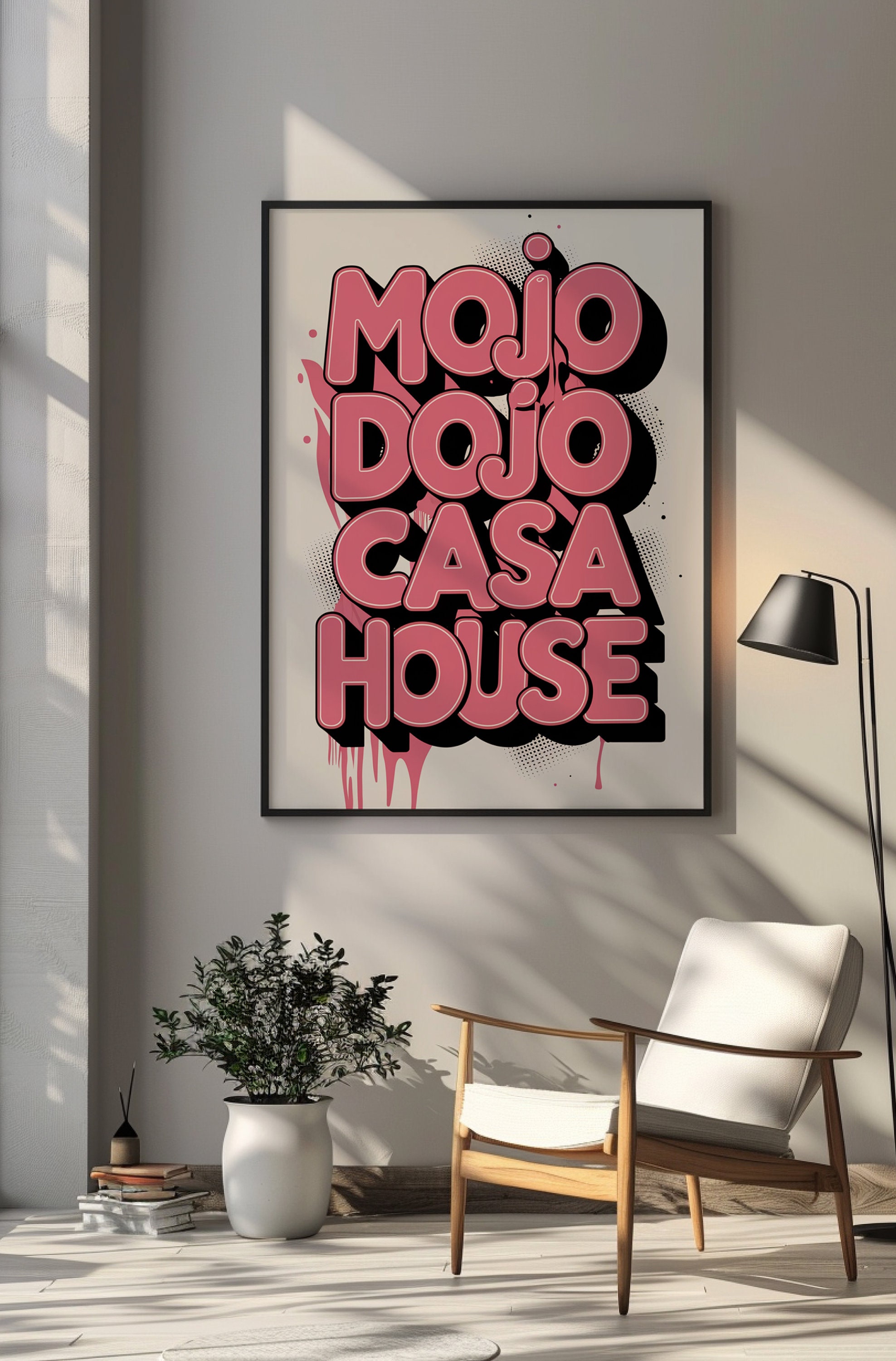 Mojo Dojo Casa House Poster Pink Preppy Decor, Digital Wall Art, Black