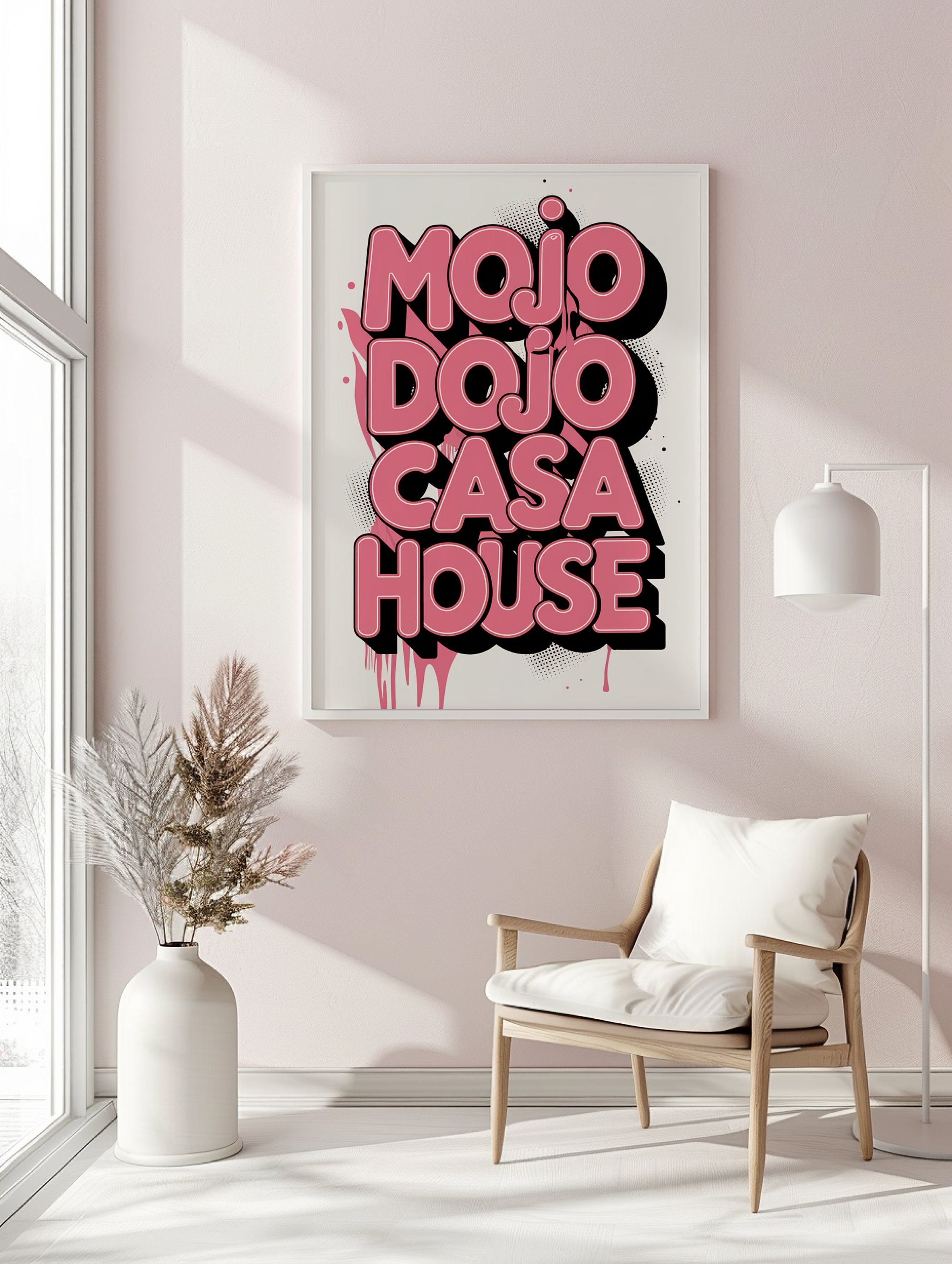 Mojo Dojo Casa House Poster Pink Preppy Decor, Digital Wall Art, Black