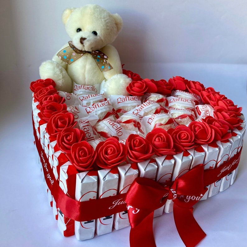 Chocolate Bouquet Gift: Heart Box, Teddy Bear & Artificial Flowers - Etsy