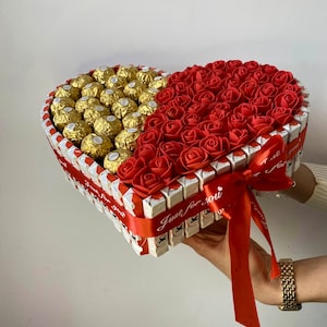 Ramo de chocolate Ferrero y rosas eternas, corazón Ferrero Rocher, ramo de flores de chocolate, regalo de Eid, Pascua, felicitaciones, agradecimiento