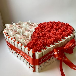 Bouquet ferrero au chocolat et roses éternelles, ferrero rocher coeur, bouquet de fleurs en chocolat, cadeaux chocolat avec fleurs, anniversaire