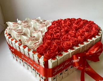 Bouquet ferrero au chocolat et roses éternelles, ferrero rocher coeur, bouquet de fleurs en chocolat, cadeaux chocolat avec fleurs, anniversaire