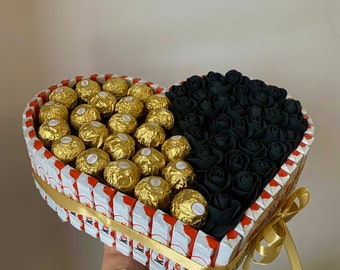 Chocolade ferrero boeket, Hart ferrero rocher, Bloem chocoladeboeket, Chocolade met bloemen geschenken, Cadeaumanden voor vrouwen