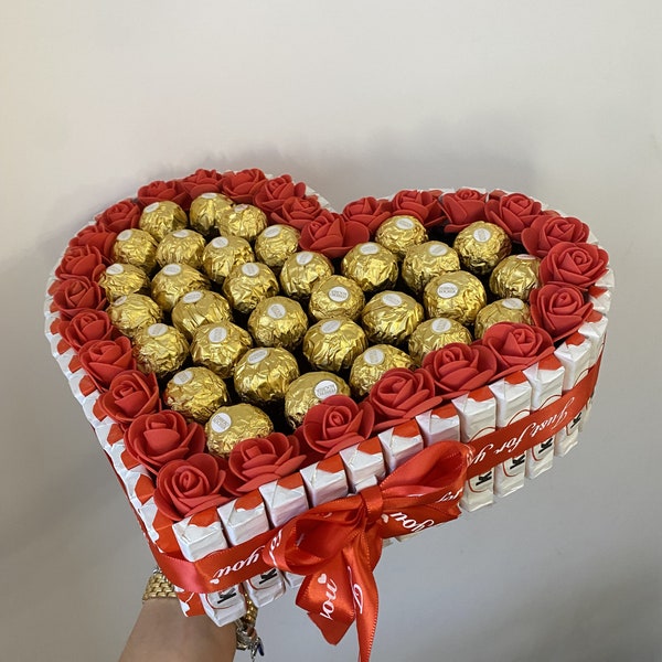 Chocolate ferrero bouquet and forever roses, Heart ferrero rocher, Flower chocolate bouquet, Chocolate with flowers gifts, Congratulations