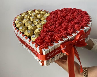 Bouquet chocolat ferrero et roses éternelles, coeur ferrero rocher, bouquet de fleurs en chocolat, cadeau de l'Aïd, Pâques, félicitations, merci