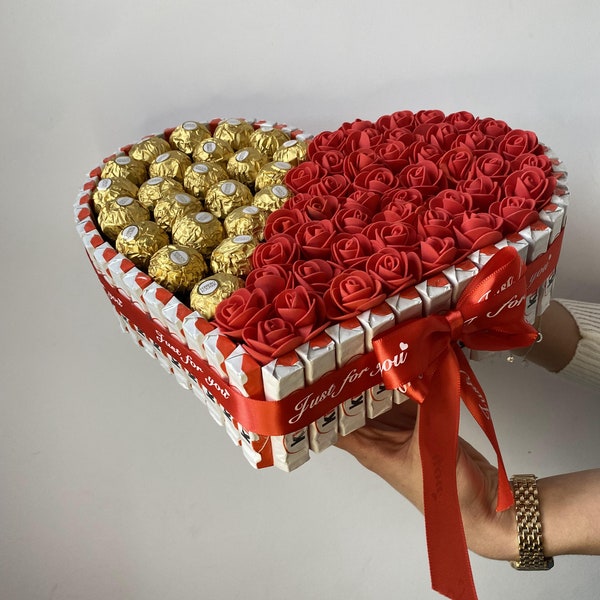 Schokoladen-Ferrero-Blumenstrauß und ewige Rosen, Herz-Ferrero-Rocher, Blumen-Schokoladen-Blumenstrauß, Geschenk Eid, Ostern, Glückwünsche, Danke