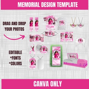 Peut inclure: Un modèle de conception commémorative rose et blanc avec une variété d'éléments personnalisables, notamment un t-shirt, un masque facial, un collier, un porte-clés, un cercueil et un cadre photo. Le modèle est modifiable avec des polices et des couleurs. Le texte "DRAG AND DROP YOUR PHOTOS" et "CANVA ONLY" est inclus dans l'image.