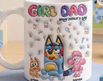 Taza personalizada de Bluey Girl para papá, taza con estampado de efecto 3D, regalo para papá, taza personalizada con nombres de niños, lindo diseño familiar de dibujos animados, regalo para el Día del Padre