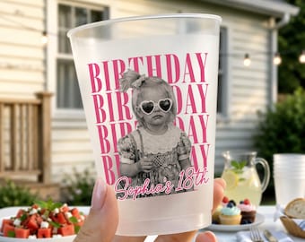 Personalized Birthday Vintage Photo Cup, Birthday Party Frosted Plastic Drinkware, Birthday Decor, Party Supplies, Birthday Face Cups