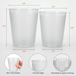 May include: Two clear plastic cups, one measuring 4.3 inches tall and 3.4 inches wide, and the other 3.8 inches tall and 3.2 inches wide. The cups are BPA-free, have smooth edges, and are stackable. The base of the larger cup is 2.4 inches and the smaller cup is 2.2 inches.