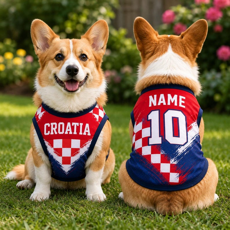May include: A red, white, and blue dog jersey featuring a checkered pattern, the text CROATIA on the front, and the text NAME and the number 10 on the back. The garment is sleeveless with dark blue trim around the neck and arm openings.