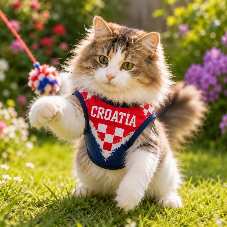 May include: A long-haired cat with brown, white, and black fur wearing a red, white, and blue vest featuring a red and white checkered pattern and the word CROATIA printed in white letters. The cat is reaching toward a small, fuzzy, multi-colored toy.