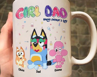 Taza personalizada de Bluey Girl para papá, regalo para papá, taza personalizada con nombres de niños, lindo diseño de dibujos animados para la familia, regalo para el Día del Padre