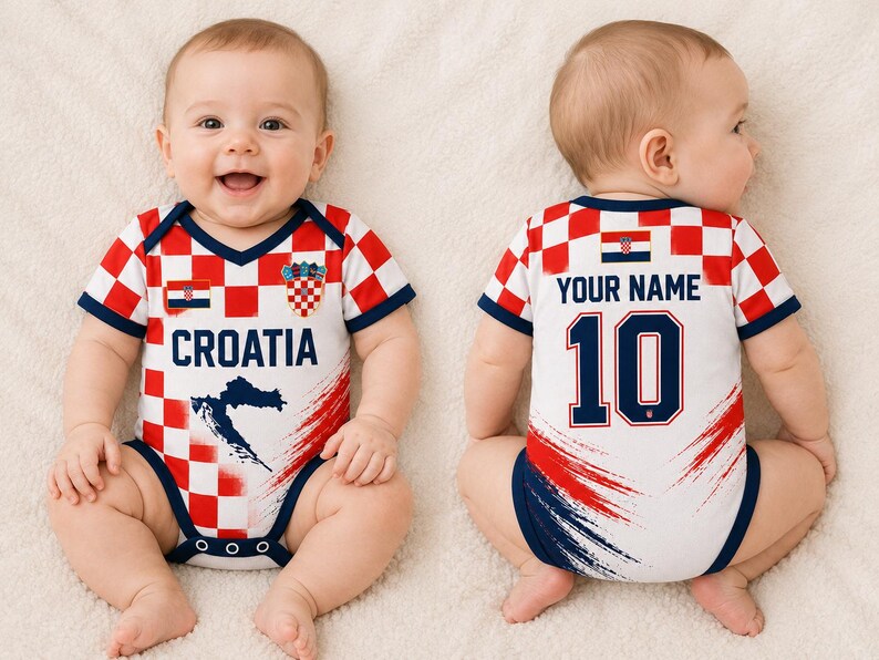 May include: A baby bodysuit featuring a red and white checkered pattern inspired by the Croatian flag. The front displays the text CROATIA, a map silhouette, and a crest. The back shows the text YOUR NAME above the number 10 in dark blue.