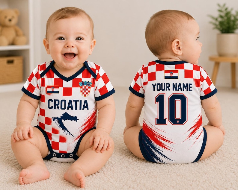 May include: A baby bodysuit featuring a red and white checkered pattern, the text CROATIA, a map graphic, and a small flag on the front. The back displays the text YOUR NAME, the number 10, and a small flag, all in a sports jersey style design.
