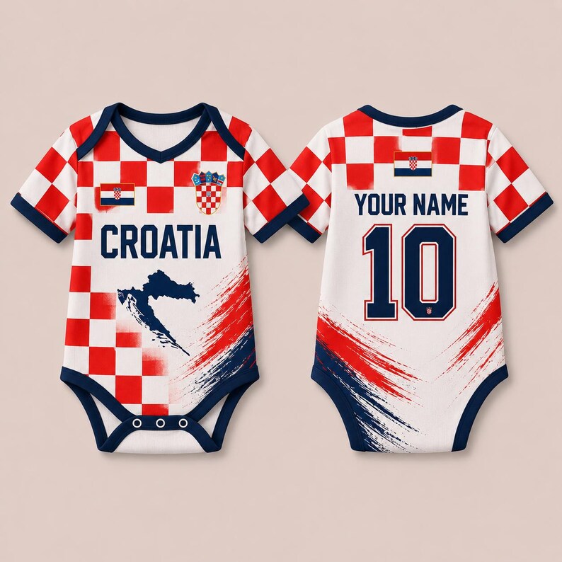 May include: A short-sleeved baby bodysuit featuring a red and white checkered pattern, the text CROATIA, a map of Croatia, and the Croatian coat of arms. The back displays the text YOUR NAME, the number 10, and a small Croatian flag graphic.