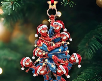Lustiges schelmisches Superhelden-Familienornament, personalisiertes Geschenk für Familie, Weihnachtsverzierung, hängendes Dekor, Spinnenfamilie Ornament