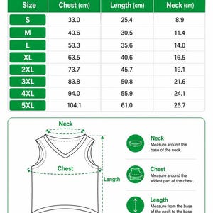 May include: A pet jersey size chart with a table listing sizes S through 5XL with chest, length, and neck measurements in centimeters. It includes a diagram of a sleeveless jersey with arrows indicating where to measure the neck, chest, and length.