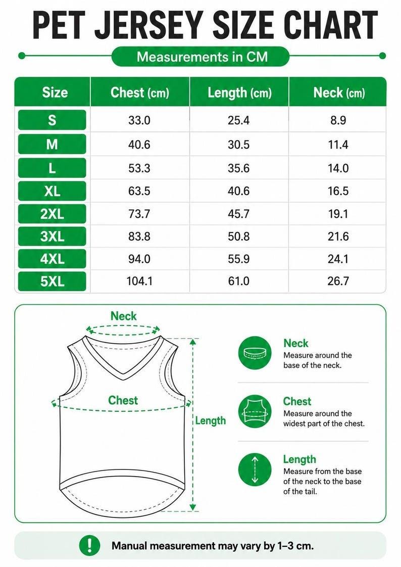 May include: A pet jersey size chart with a table listing sizes S through 5XL with chest, length, and neck measurements in centimeters. It includes a diagram of a sleeveless jersey with arrows indicating where to measure the neck, chest, and length.