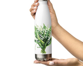 Botella de agua de acero inoxidable Mayo cumpleaños flores botella lirio de los valles regalo personalizado para ella