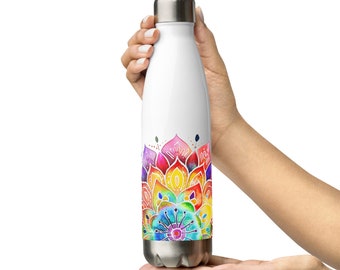 Bouteille d'eau mandala en acier inoxydable, cadeau pour les amateurs de yoga, cadeau personnalisé coloré pour elle, peinture à l'aquarelle, bouteille d'eau
