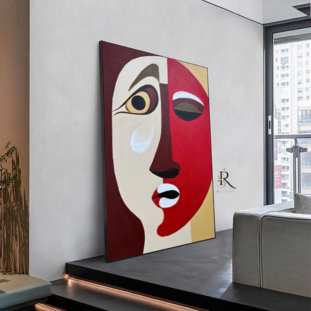 Extra Large Red Beige Abstract Face Painting on Canvas Original Oil ...