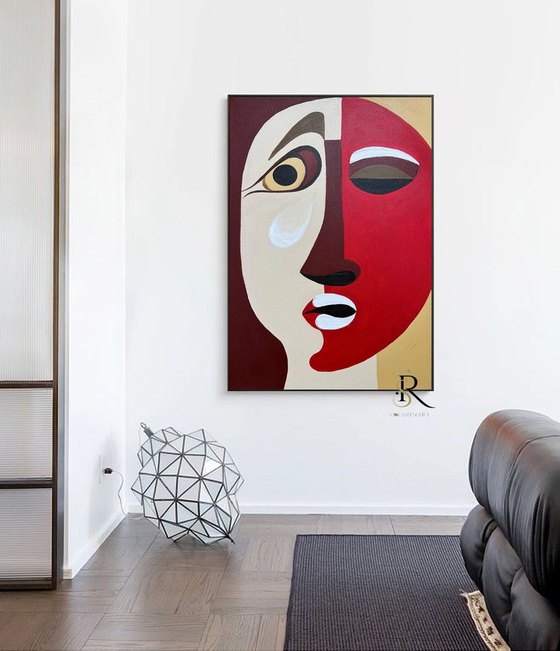 Extra Large Red Beige Abstract Face Painting on Canvas Original Oil ...