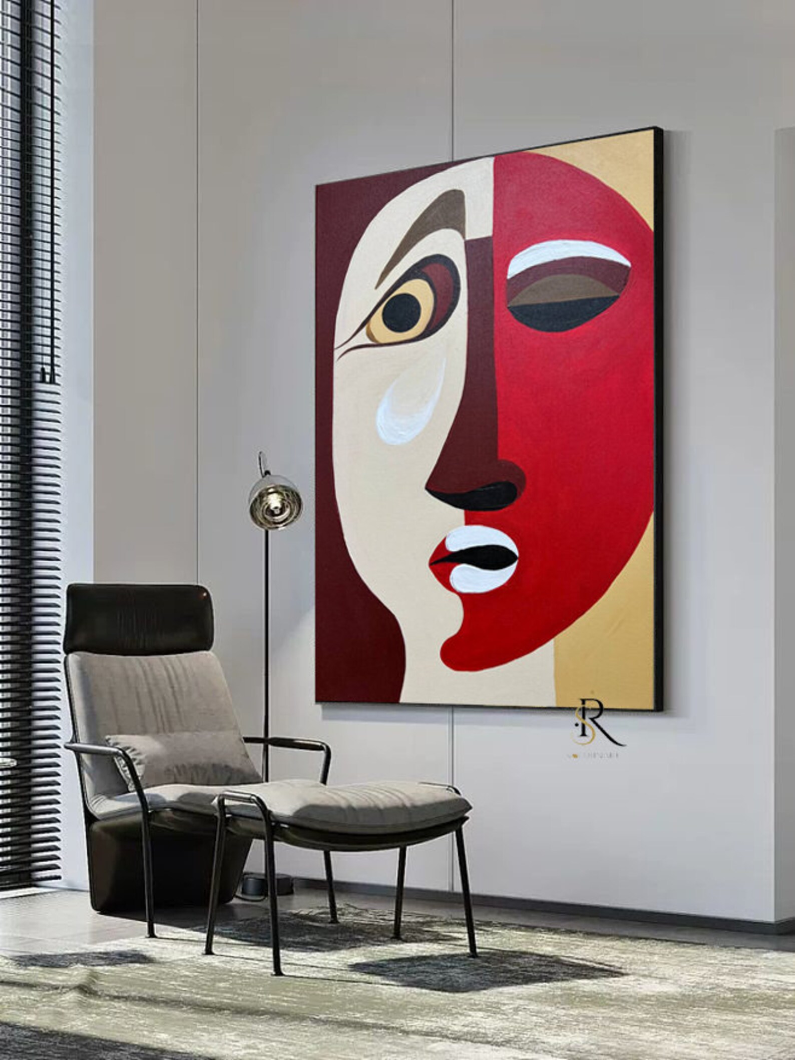 Extra Large Red Beige Abstract Face Painting on Canvas Original Oil ...