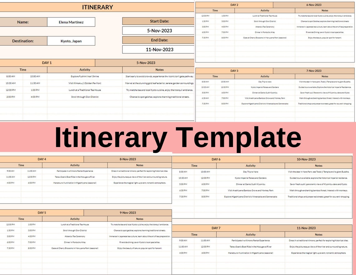 Itinerary Template, Google Sheets Travel Planner, Trip Schedule Organizer, Vacation Itinerary