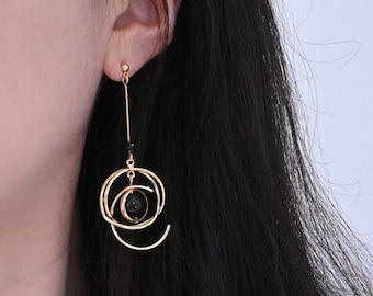 Galaxy Earrings 14K Gold Planet Earrings Handmade Natural Obsidian Celestial Earrings Unique Original Design Perfect for Space Lovers