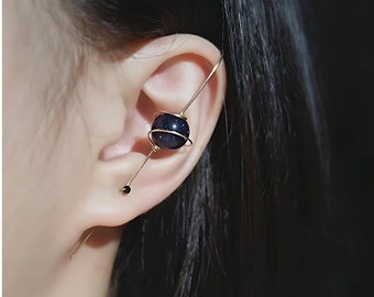 Blue Sandstone Ear Climber, Celestial Planet Ear Crawler, Gold Ear Pin Jewelry