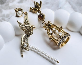 Vintage Birdcage Earrings Bird Earrings Brass and Pearl Earrings Asymmetrical and Unique Design Retro-Inspired Jewelry Two Colors Available