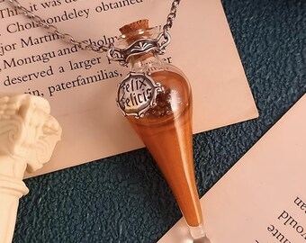 Collar con poción de amor, regalo de San Valentín para ella, botella de Felix Felicis, colgante de la suerte líquida, cadena larga para suéter, frasco de cristal mágico, regalo de bruja.