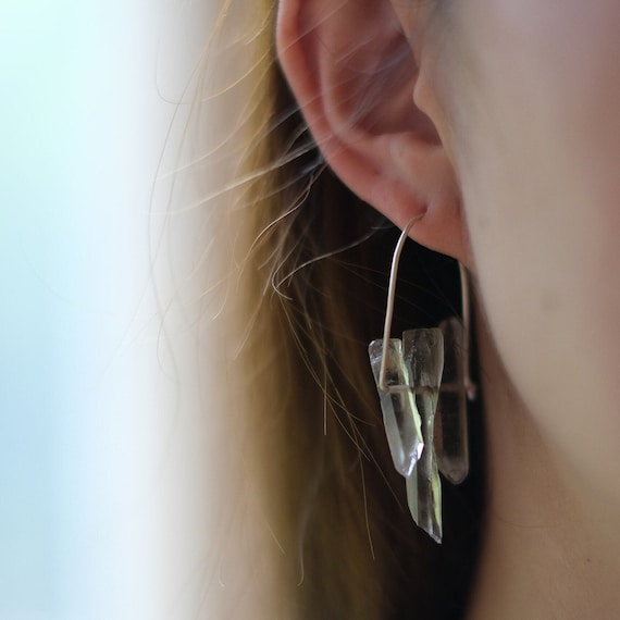Raw Crystal Hoop Earrings, 999 Fine Silver, Irregular Smoky Quartz, Hypoallergenic Healing Jewelry, Minimalist Boho, Gift for Self