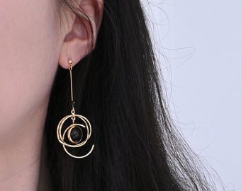 Silver Sheen Obsidian Saturn Earrings, Galaxy Planet Dangle Earrings, 14K Gold Celestial Jewelry, Statement Witchy Astrology Gift for Her