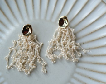 Handwoven Pearl Dreams: Crochet Tassel Earrings Mother's day gift!