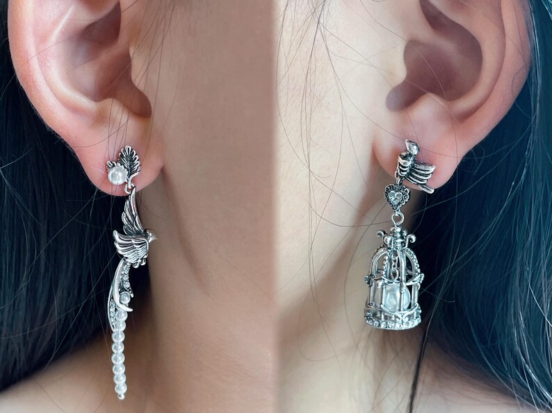 Vintage Birdcage Earrings, Brass and Pearl, Asymmetrical Design, Retro-Inspired Jewelry, Elegant and Stylish, High-Quality Brass, Two Colors, Unique Earrings, Special Occasions, Thoughtful Gift, Distinctive Accessories, Birdcage and Pearl Design