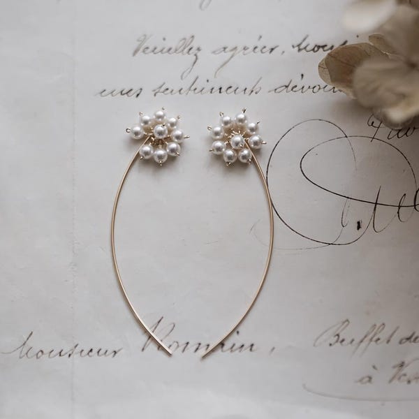 Pearls Cluster Earrings Floral Long Stud Earrings Unique and Special Design Handcrafted Jewelry for Weddings Parties and Special Occasions